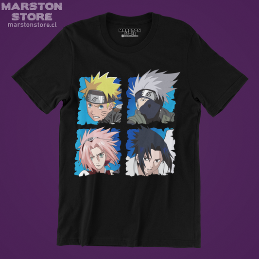 Polera negra Naruto con Naruto Uzumaki, Kakashi Hatake, Sasuke Uchiha y Sakura Haruno