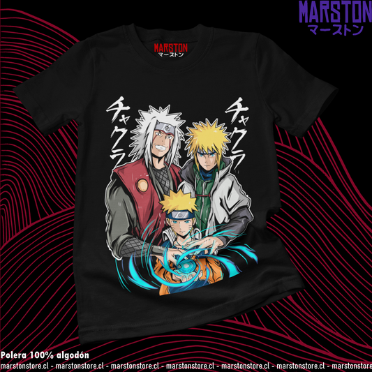 Polera negra Naruto con Naruto Uzumaki, Minato Namikaze y Jiraiya