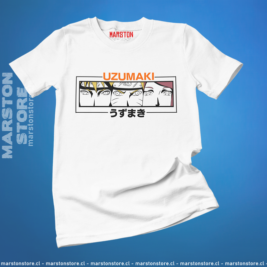 Polera blanca Naruto con Naruto Uzumaki, Minato Namikaze y Kushina Uzumaki