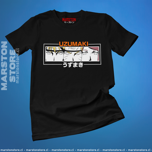 Polera negra Naruto con Naruto Uzumaki, Minato Namikaze y Kushina Uzumaki