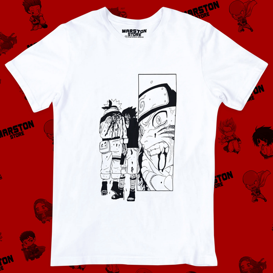 Polera blanca Naruto con Naruto Uzumaki y Sasuke Uchiha