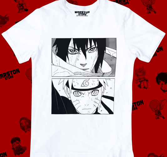 Polera blanca Naruto con Naruto Uzumaki y Sasuke Uchiha