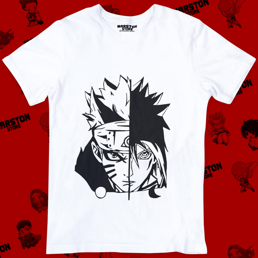 Polera blanca Naruto con Naruto Uzumaki y Sasuke Uchiha