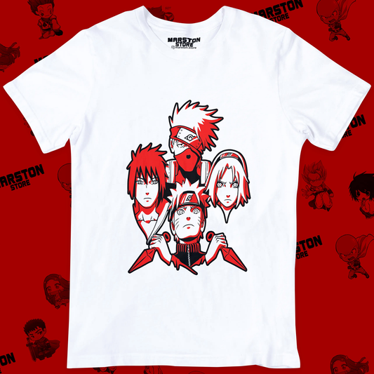 Polera blanca Naruto con Naruto Uzumaki, Sasuke Uchiha, Kakashi Hatake y Sakura Haruno