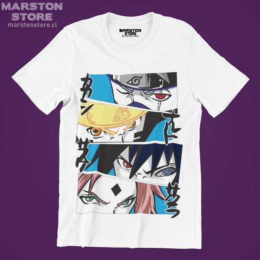 Polera blanca Naruto con Naruto Uzumaki, Sasuke Uchiha, Sakura Haruno y Kakashi Hatake