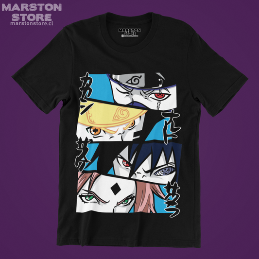 Polera negra Naruto con Naruto Uzumaki, Sasuke Uchiha, Sakura Haruno y Kakashi Hatake