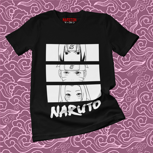 Polera negra Naruto con Naruto Uzumaki, Sasuke Uchiha y Sakura Haruno