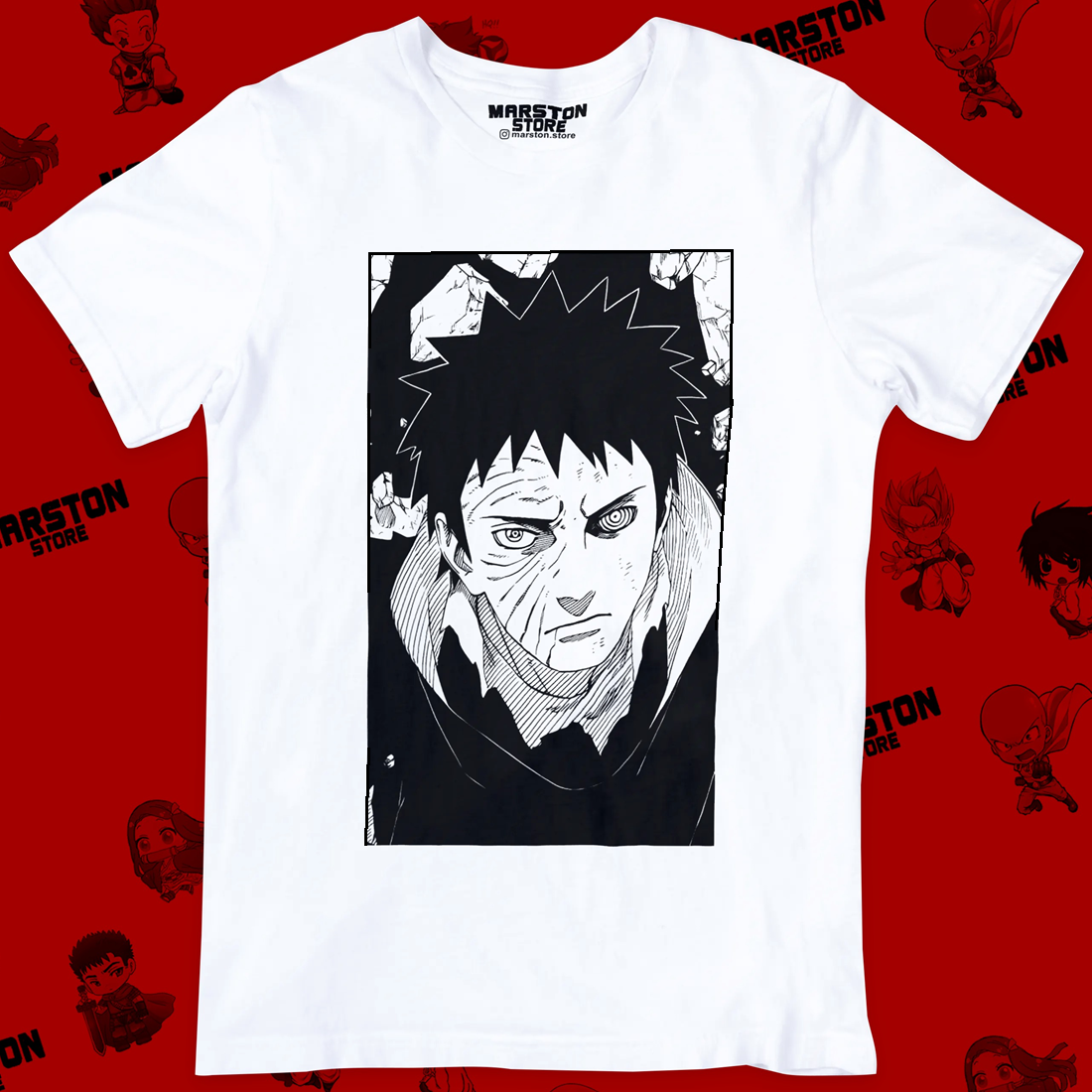 Polera blanca Naruto con diseño de Obito Uchiha