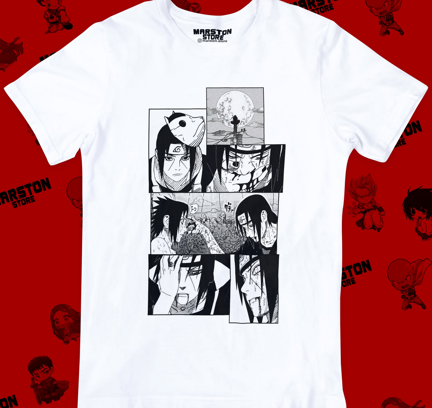 Polera blanca Naruto con Sasuke Uchiha e Itachi Uchiha