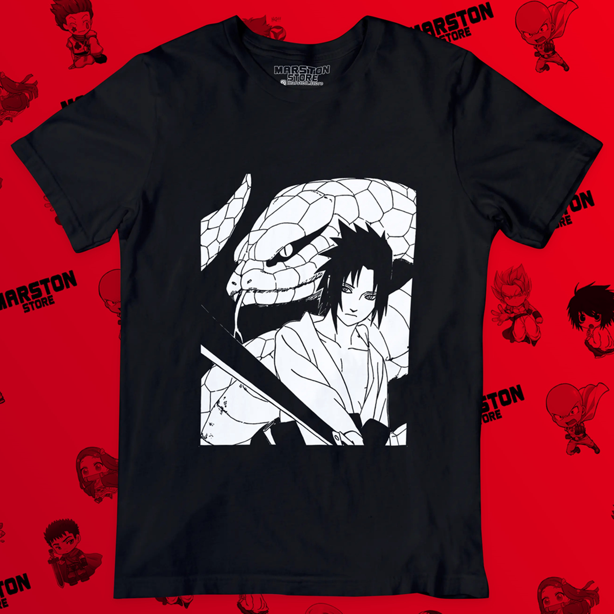 Polera negra Naruto con diseño de Sasuke Uchiha