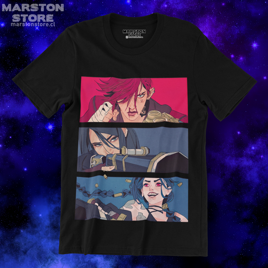 Polera negra de Arcane con Jinx, Vi y Caitlyn Kiramman
