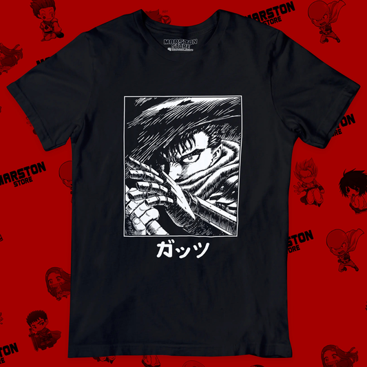 Polera negra de Berserk con diseño de Guts
