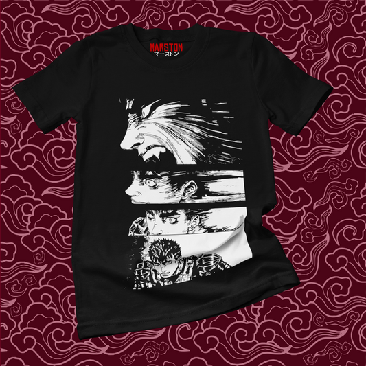 Polera negra de Berserk con diseño de Guts