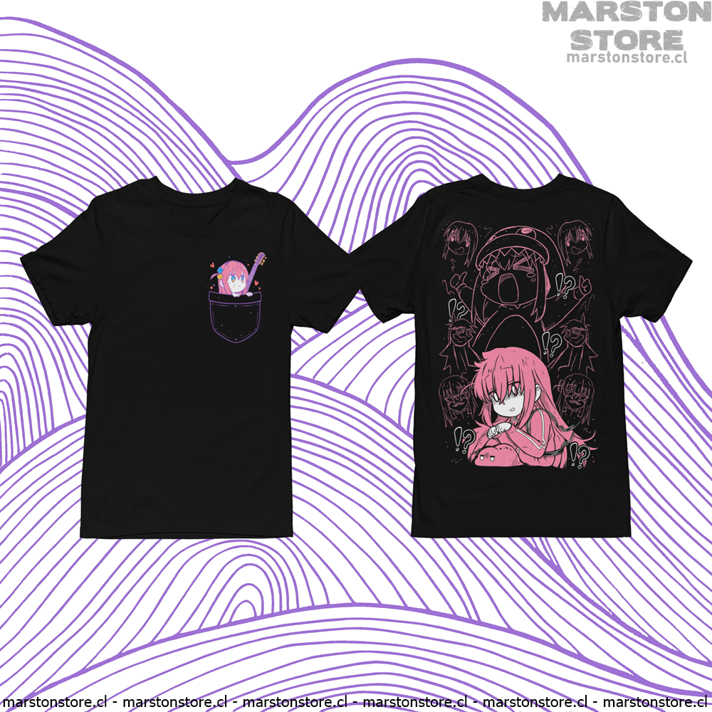 Polera negra de Bocchi the Rock! con Hitori Gotoh y diseño de bolsillo