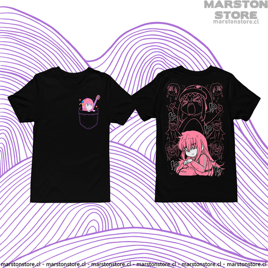 Polera negra de Bocchi the Rock! con Hitori Gotoh y diseño de bolsillo