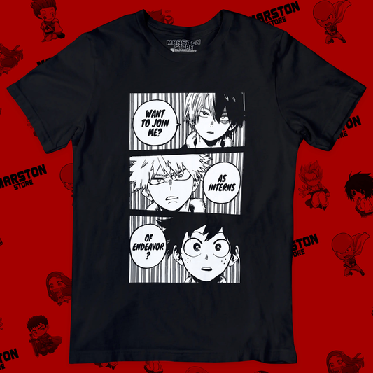 Polera negra de Boku no Hero Academia (My Hero Academia) con Izuku Midoriya, Katsuki Bakugo y Shoto Todoroki