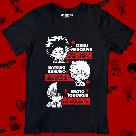 Polera negra de Boku no Hero Academia (My Hero Academia) con Izuku Midoriya, Shoto Todoroki y Katsuki Bakugo