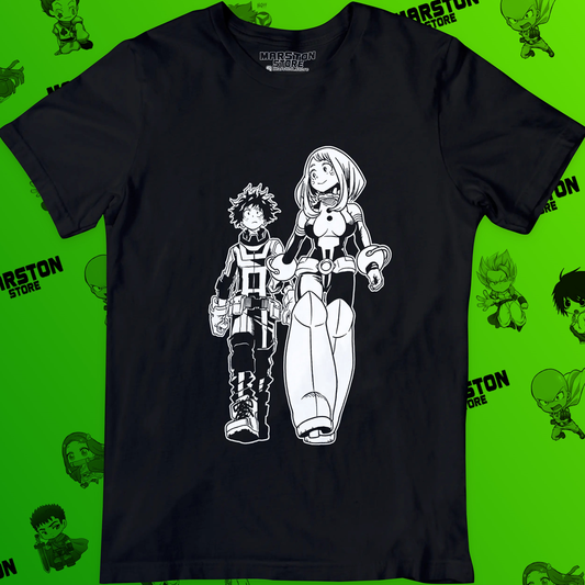 Polera negra de Boku no Hero Academia (My Hero Academia) con Ochaco Uraraka e Izuku Midoriya