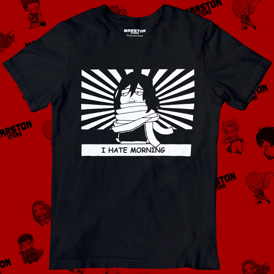 Polera negra de Boku no Hero Academia (My Hero Academia) con Shota Aizawa y diseño I Hate Morning
