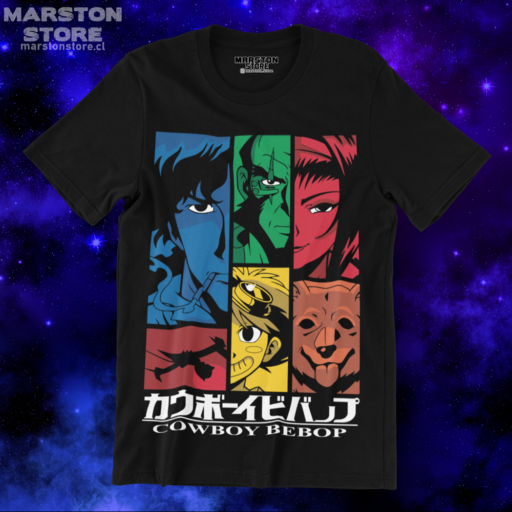 Polera negra de Cowboy Bebop con Faye Valentine, Spike Spiegel, Edward Wong (Ed) y Jet Black