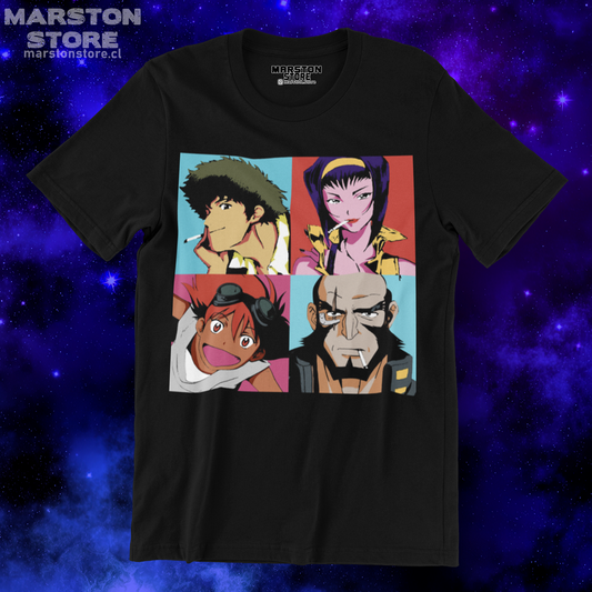 Polera negra de Cowboy Bebop con Faye Valentine, Spike Spiegel, Edward Wong (Ed) y Jet Black