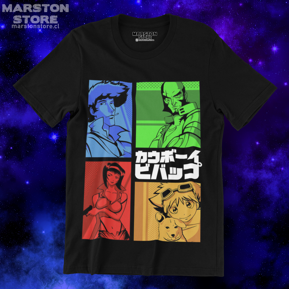 Polera negra de Cowboy Bebop con Faye Valentine, Spike Spiegel, Edward Wong (Ed) y Jet Black