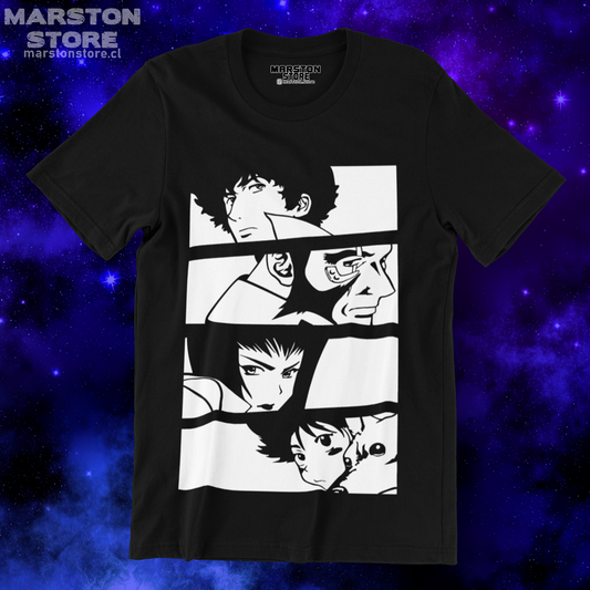 Polera negra de Cowboy Bebop con Faye Valentine, Spike Spiegel, Edward Wong (Ed) y Jet Black