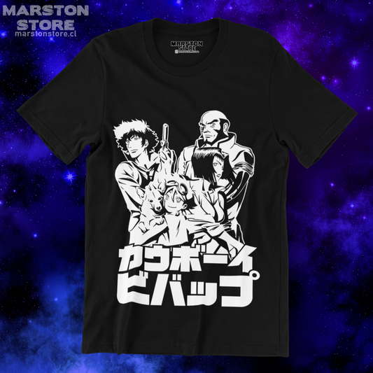 Polera negra de Cowboy Bebop con Faye Valentine, Spike Spiegel, Edward Wong (Ed) y Jet Black