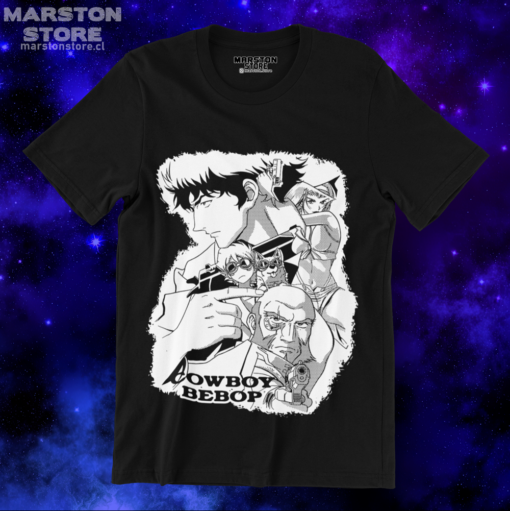 Polera negra de Cowboy Bebop con Faye Valentine, Spike Spiegel, Edward Wong (Ed) y Jet Black