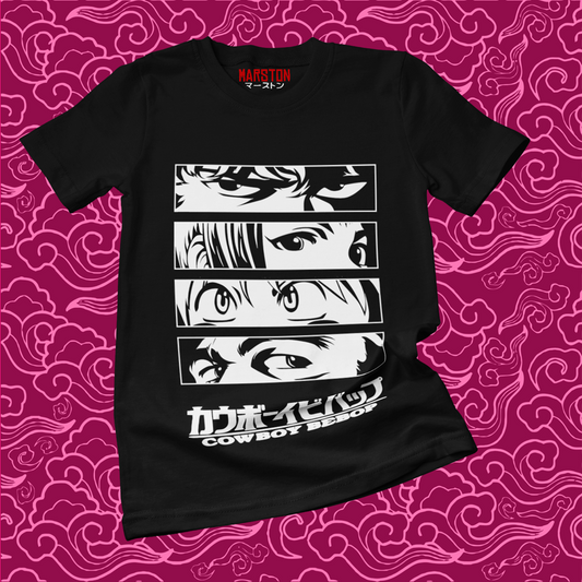 Polera negra de Cowboy Bebop con Faye Valentine, Spike Spiegel, Edward Wong (Ed) y Jet Black