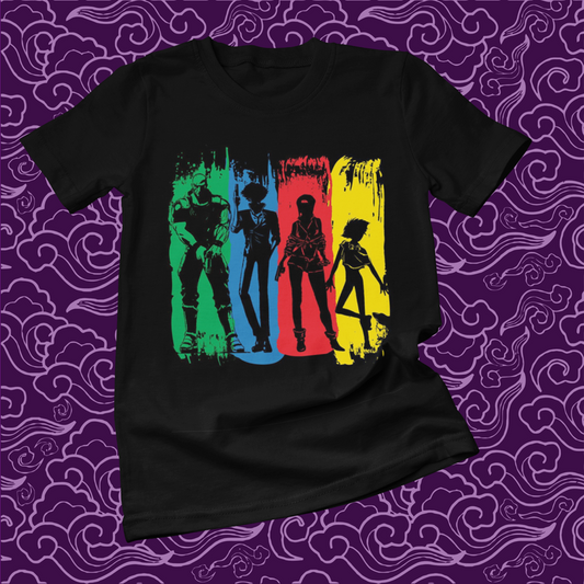 Polera negra de Cowboy Bebop con Faye Valentine, Spike Spiegel, Edward Wong (Ed) y Jet Black
