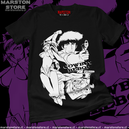 Polera negra de Cowboy Bebop con Faye Valentine, Spike Spiegel, Edward Wong (Ed) y Jet Black