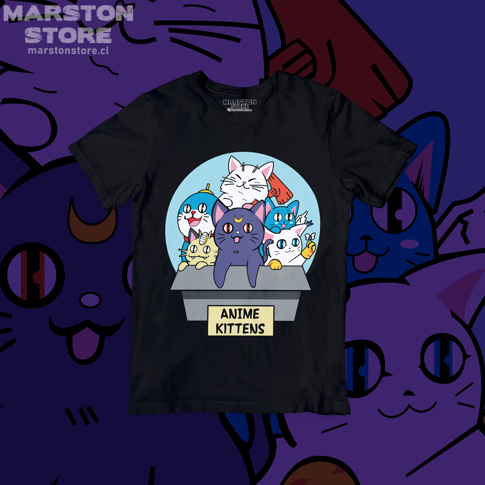 Polera negra crossover anime con Gatomon, Luna, Meowth, Doraemon y Karin