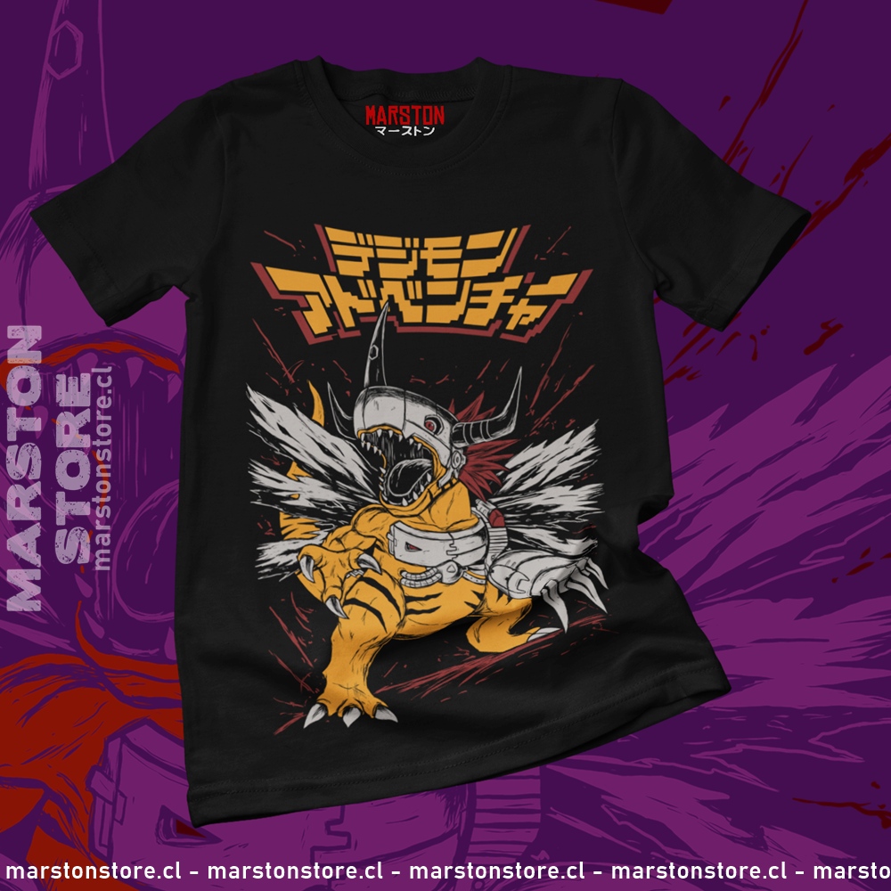Polera negra de Digimon con MetalGreymon