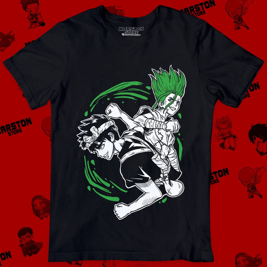 Polera negra de Dr. Stone con Senku Ishigami y Chrome