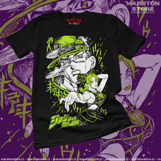 Polera negra de JoJo's Bizarre Adventure con Jolyne Cujoh y Jotaro Kujo