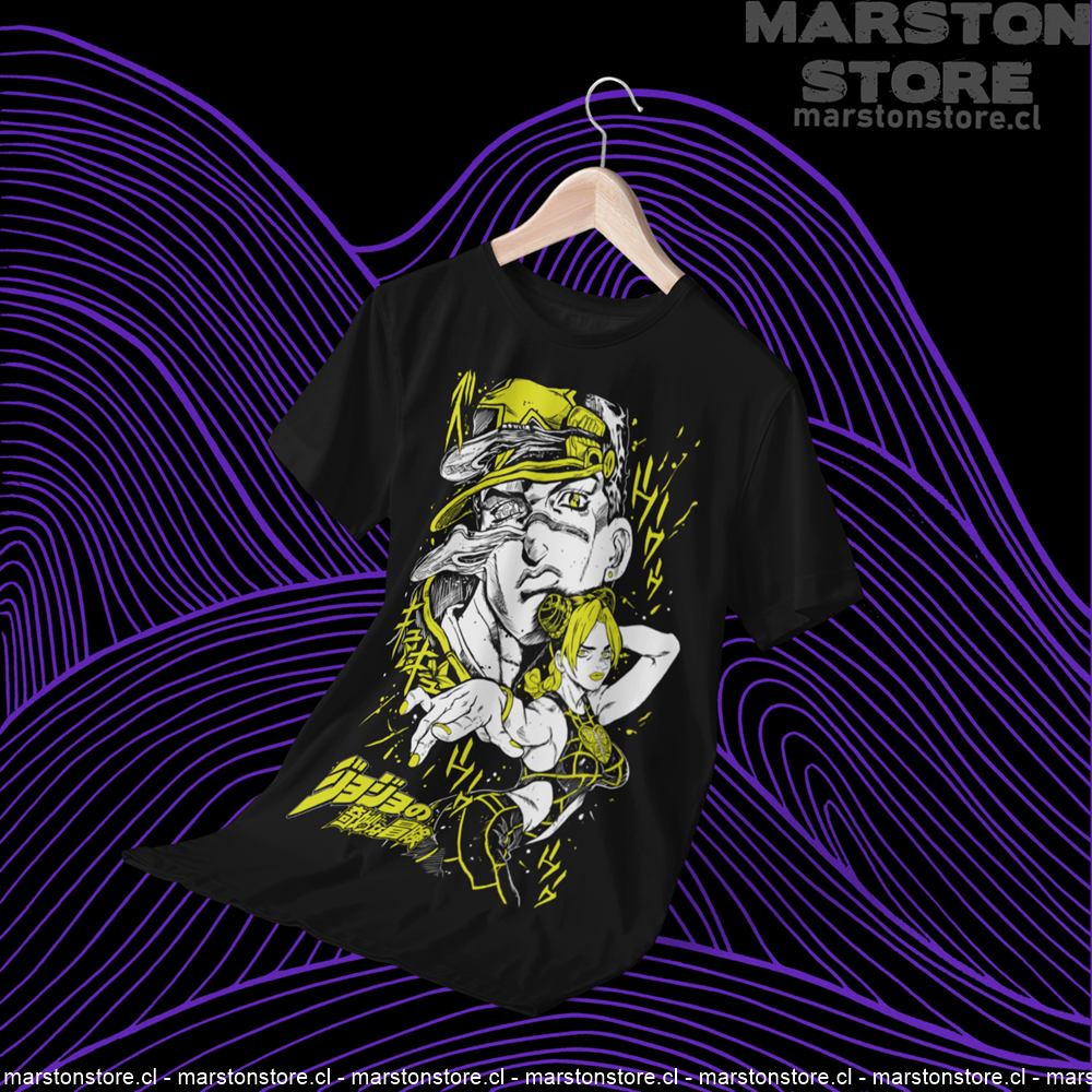 Polera negra de JoJo's Bizarre Adventure con Jolyne Cujoh y Jotaro Kujo