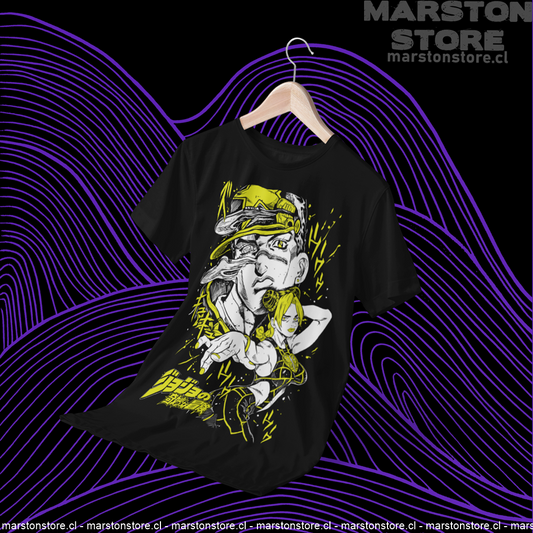 Polera negra de JoJo's Bizarre Adventure con Jolyne Cujoh y Jotaro Kujo