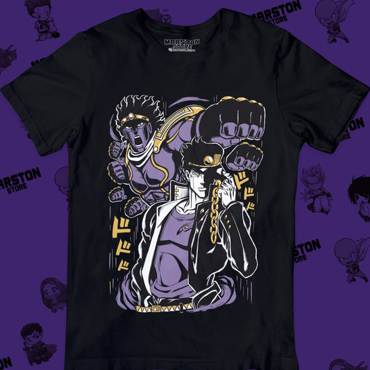 Polera negra de JoJo's Bizarre Adventure con Jotaro Kujo y Star Platinum