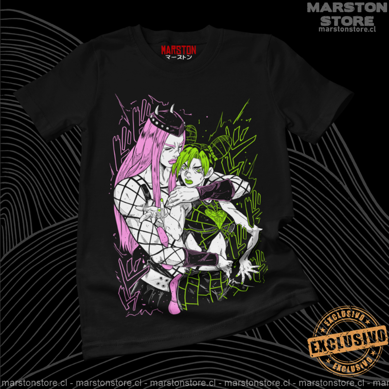 Polera negra de JoJo's Bizarre Adventure con Narciso Anasui y Jolyne Cujoh
