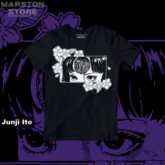 Polera negra de Junji Ito con diseño de manga de terror