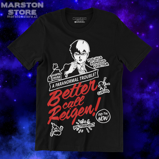 Polera negra de Mob Psycho 100 con Reigen Arataka en diseño Better Call Reigen