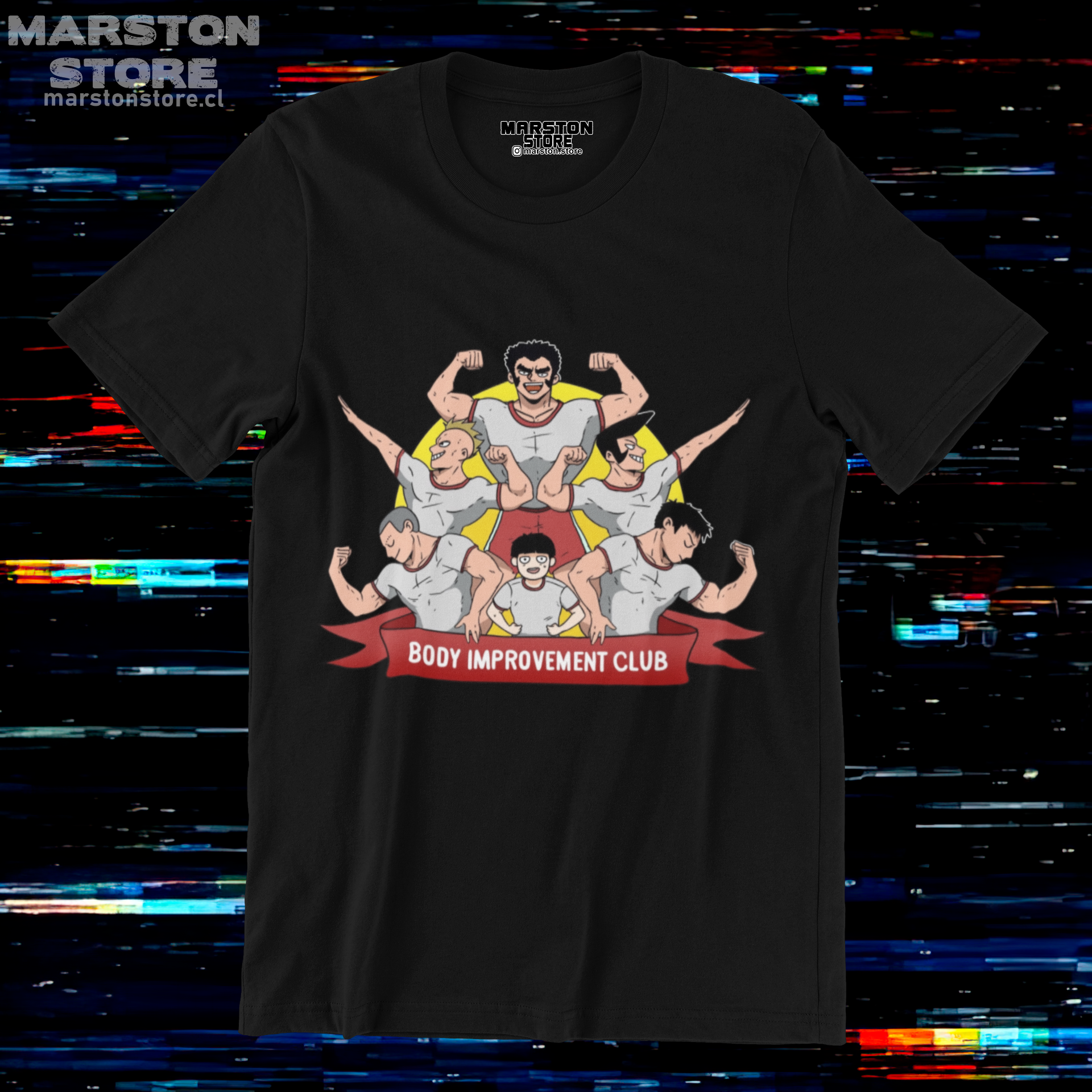 Polera negra de Mob Psycho 100 del Club de Fisicoculturismo