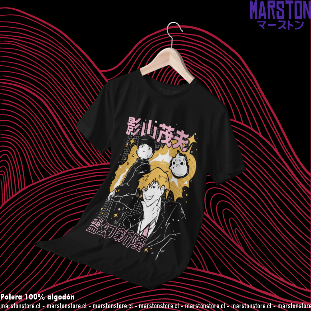 Polera negra de Mob Psycho 100 con diseño anime