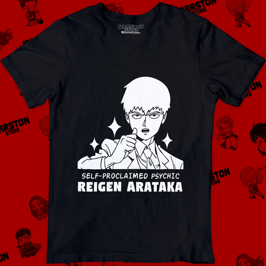 Polera negra de Mob Psycho 100 con Reigen Arataka