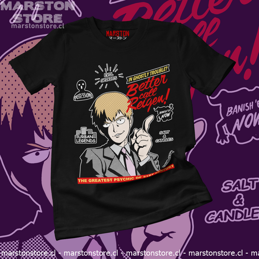 Polera negra de Mob Psycho 100 con Reigen Arataka