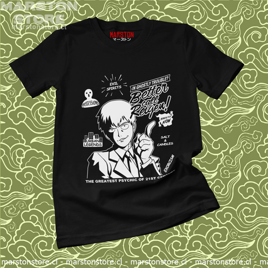 Polera negra de Mob Psycho 100 con Reigen Arataka