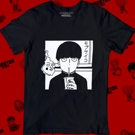 Polera negra de Mob Psycho 100 con Shigeo Kageyama, Mob