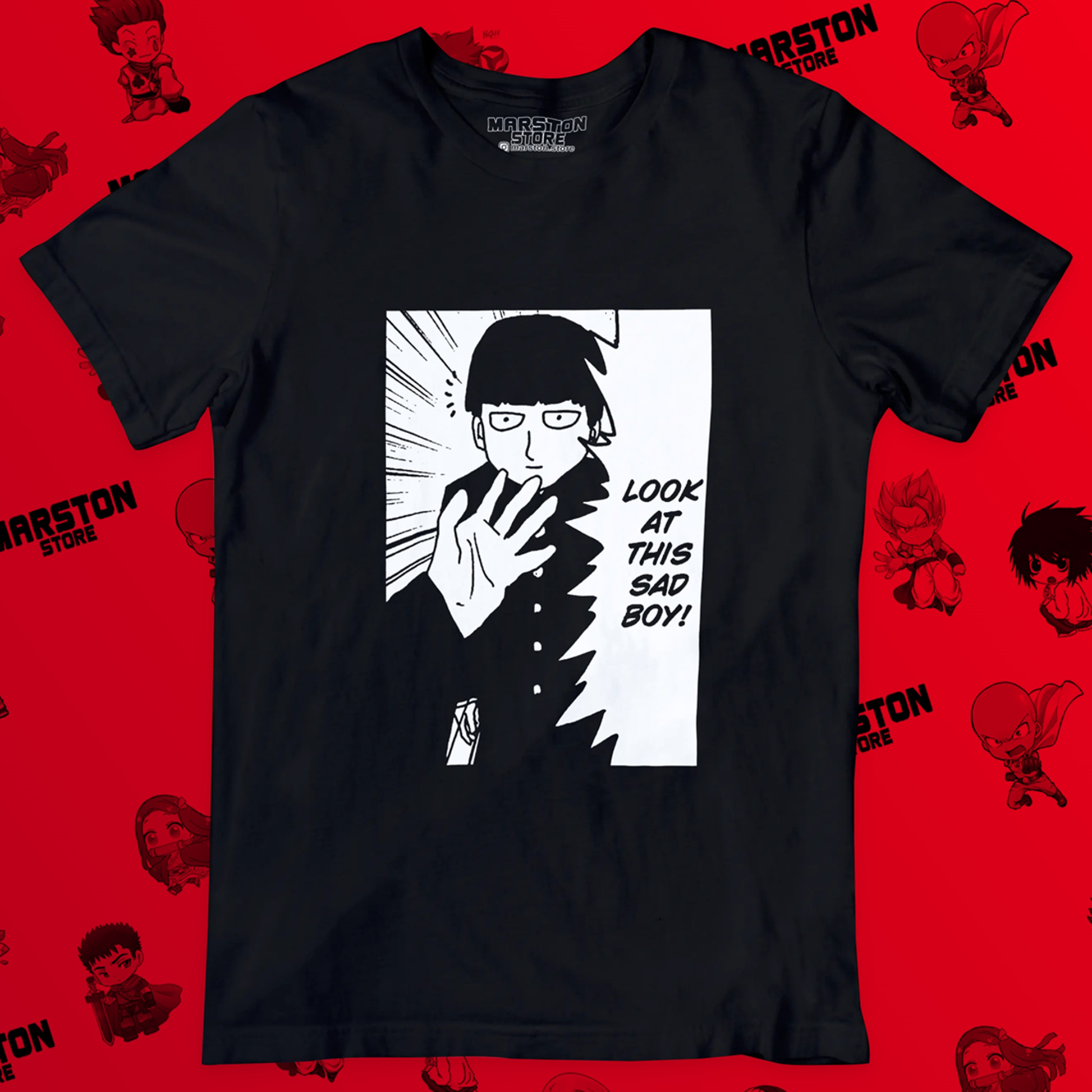 Polera negra de Mob Psycho 100 con Shigeo Kageyama, Mob