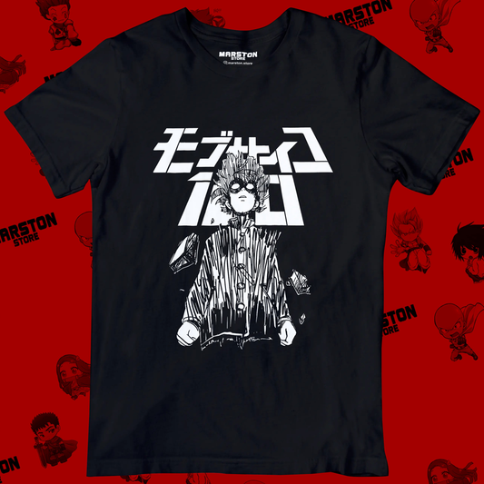 Polera negra de Mob Psycho 100 con Shigeo Kageyama, Mob